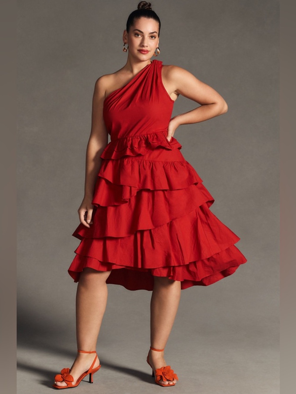 Anthropologie One Shoulder Red Tiered Dress 4
